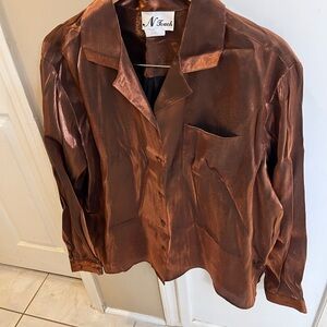 Silky Brown Button-Up Shirt xl rayon & poly
